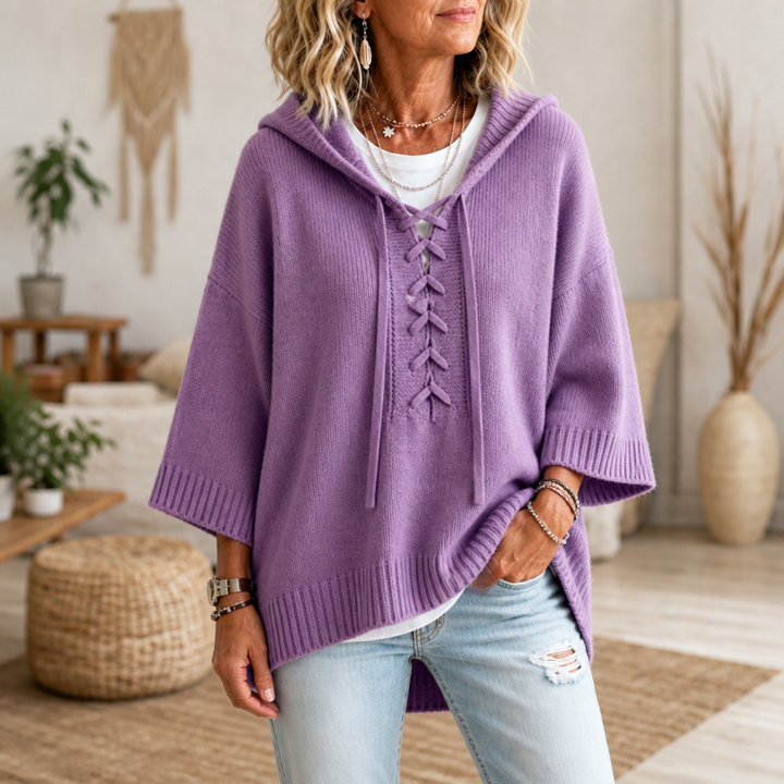 Lunarknit – Lace-Up Deep V Hooded Knit Pullover