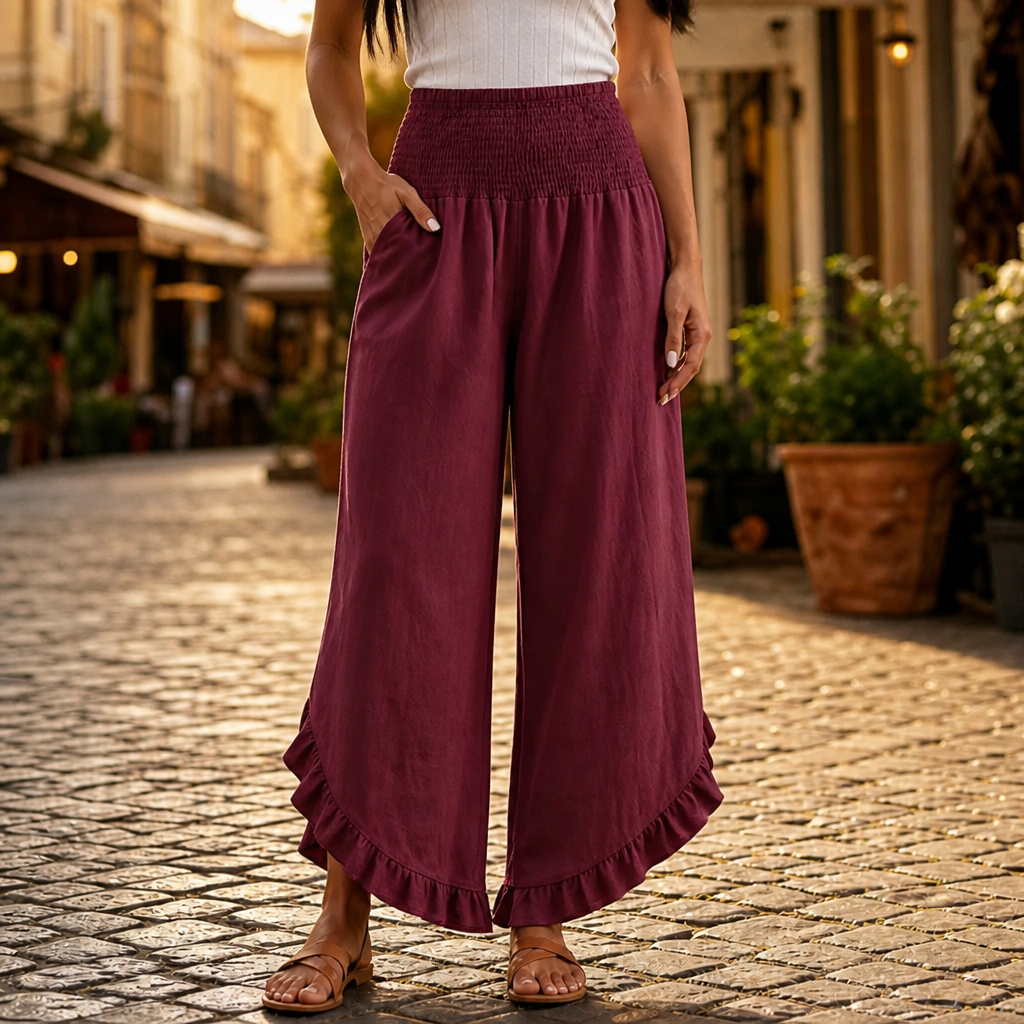 Linora – Cotton-Linen Smocked High-Waist Palazzo Pants