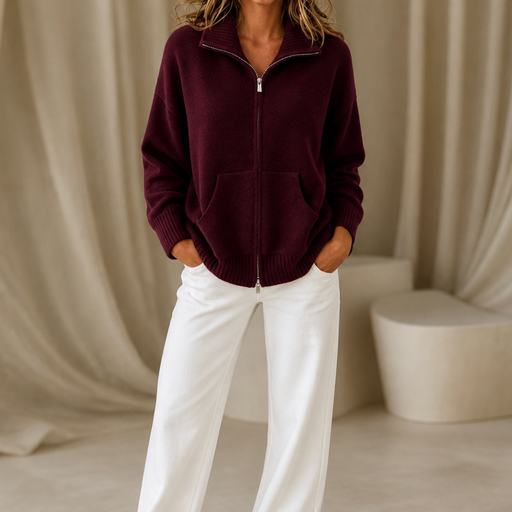 Wearbella – Zip-Front Ribbed Collar Knit Cardigan
