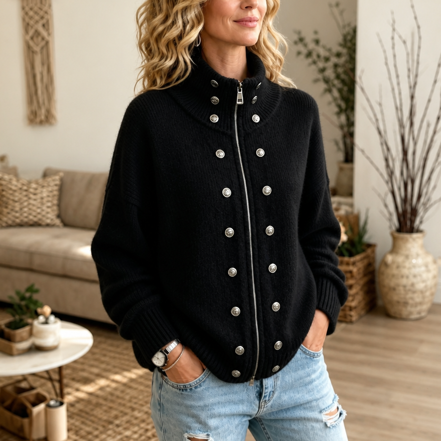 Mayfield – High-Collar Zip-Front Chunky Knit Cardigan Jacket