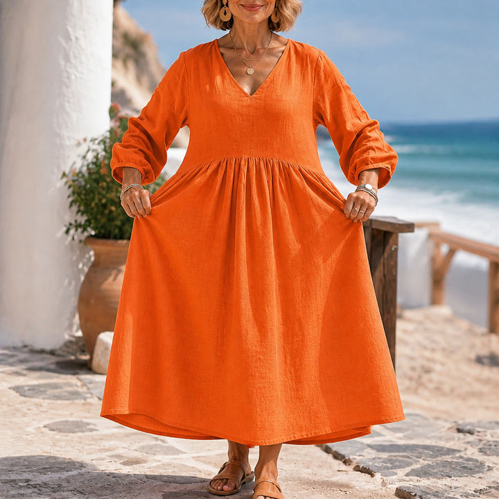 Linenova – Pleated V-Neck Cotton-Linen Look Maxi Dress