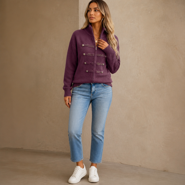 Mayfield – Gold Button Military-Style Knit Cardigan