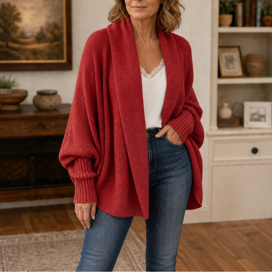 Drapeelle – Crochet-Look Open-Front Batwing Cardigan