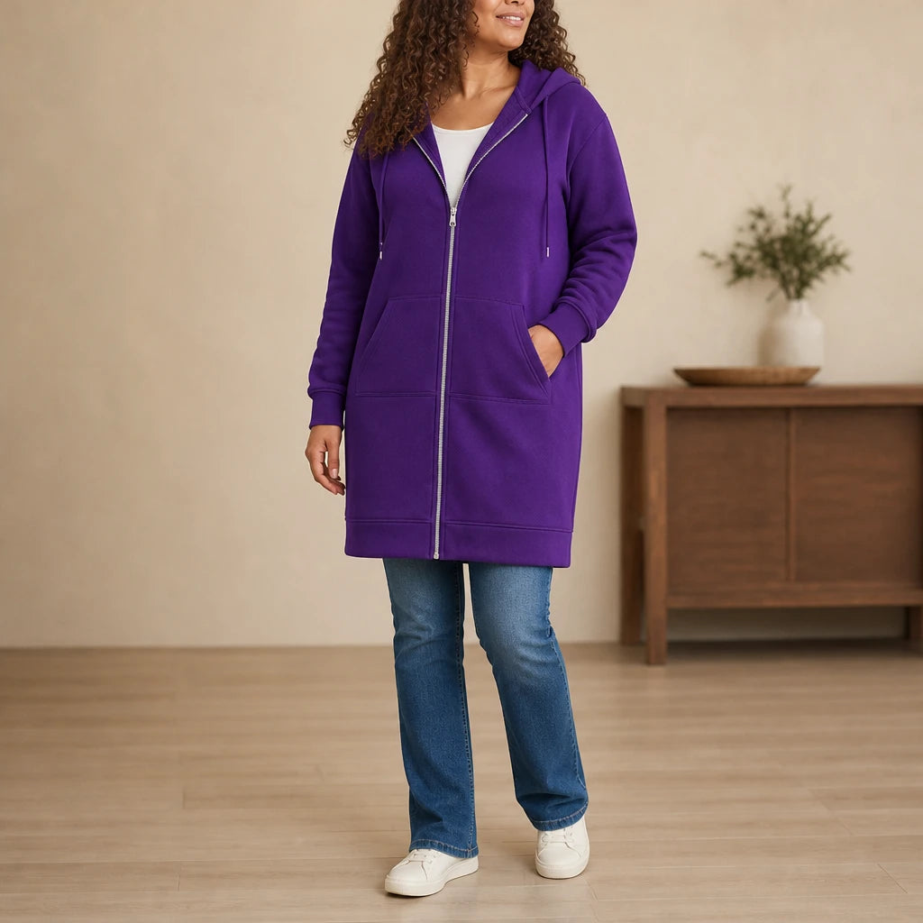 Cozyline – Knee-Length Fleece-Lined Zip-Up Hoodie