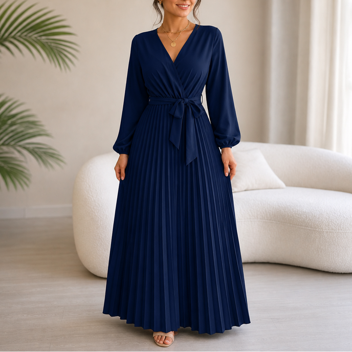 Lunavia – Pleated Wrap-Neck High-Waisted Maxi Dress