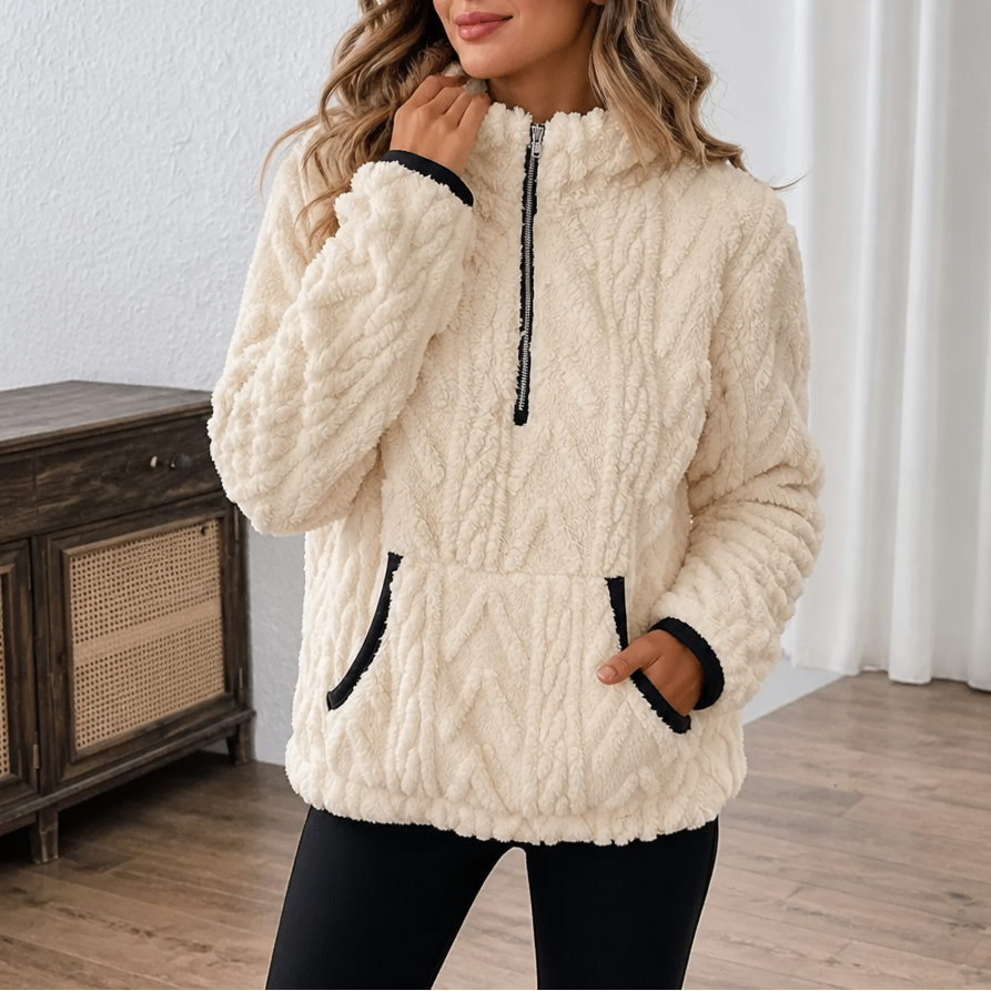 Lunelle – Plush Half-Zip Fleece Pullover With Kangaroo Pocket