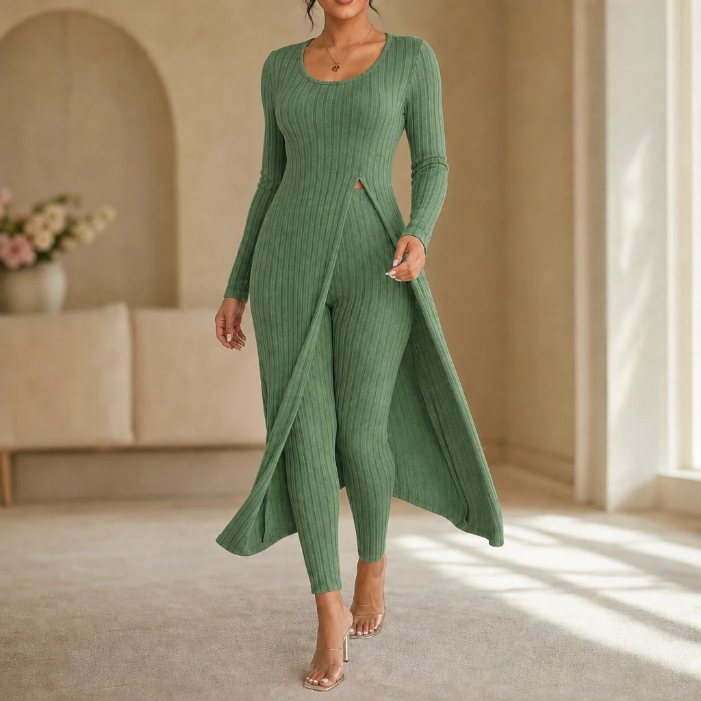 Ribella – Ribbed Side-Slit Tunic And Slim-Fit Pants Set