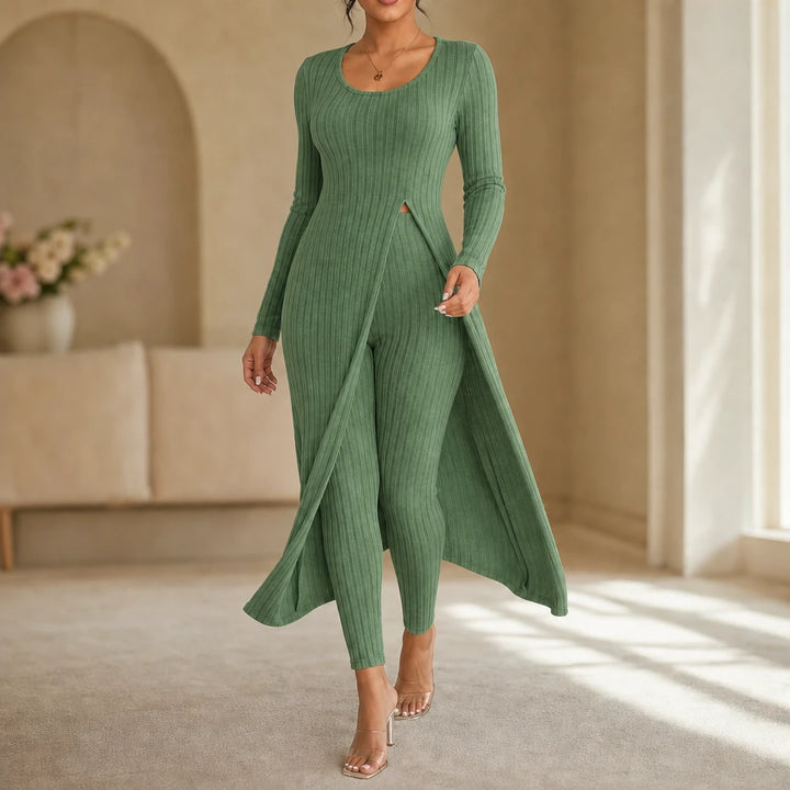 Ribella – Ribbed Side-Slit Tunic And Slim-Fit Pants Set