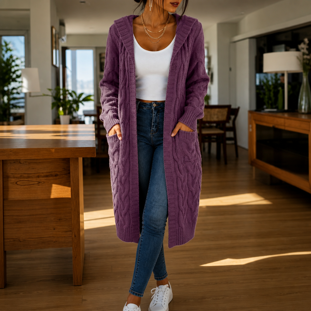 Wrapetta – Hooded Longline Cable-Knit Cardigan