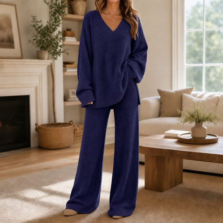 Vellora – V-Neck Knit Sweater And Wide-Leg Trouser Set