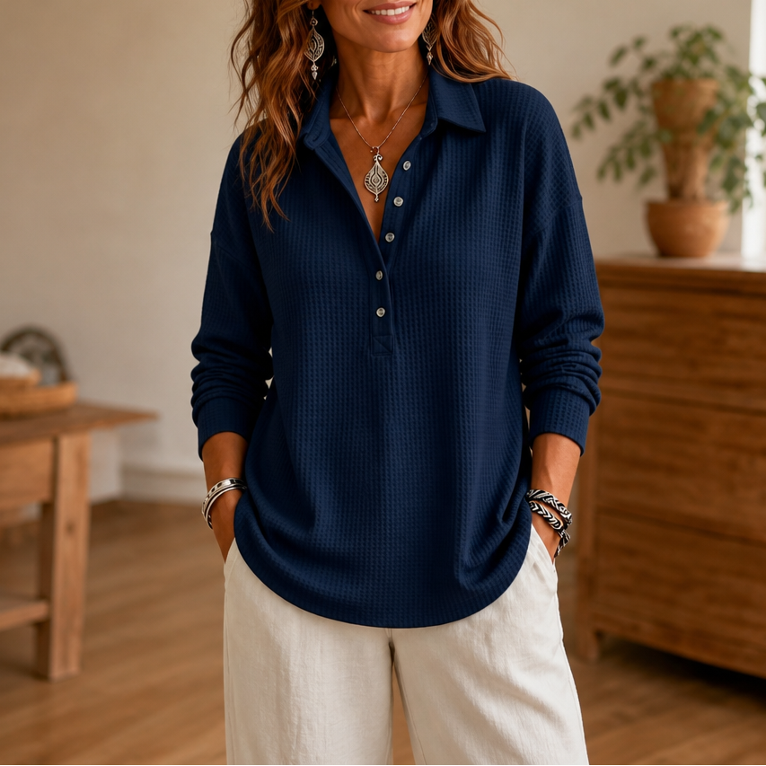 Wearbella – Waffle-Knit Collared Button-Neck Pullover