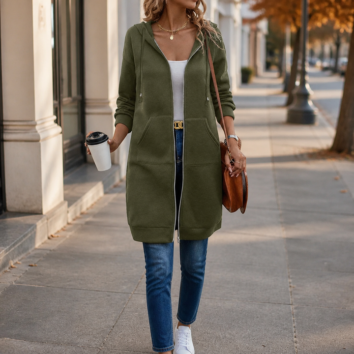 Easebella – Mid-Length Zip-Up Hooded Knit Cardigan
