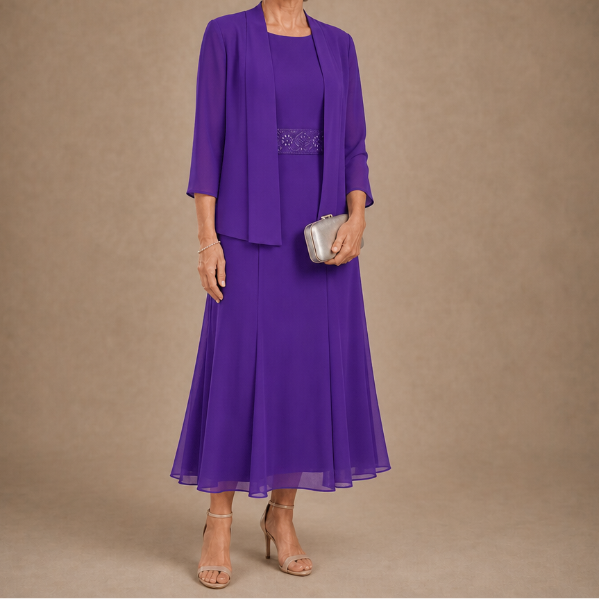 Elowen – Sleeveless Beaded-Waist Chiffon Dress With Jacket