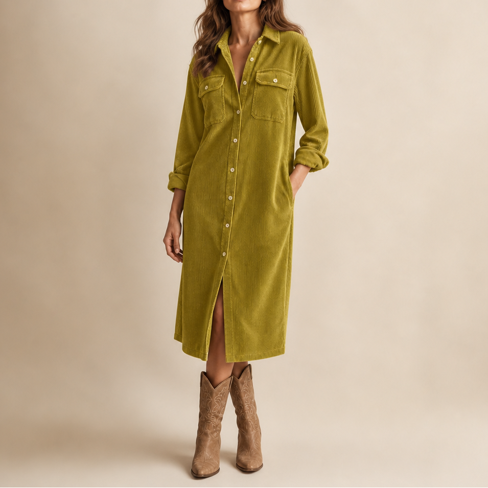 Corvella – Ribbed Corduroy Button-Front Shirt Dress