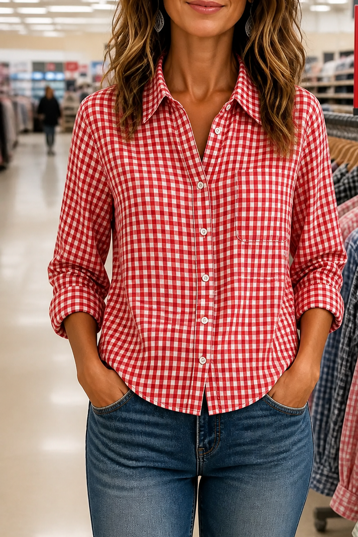 Checkered Long-Sleeve Button-Up Shirt For Women
