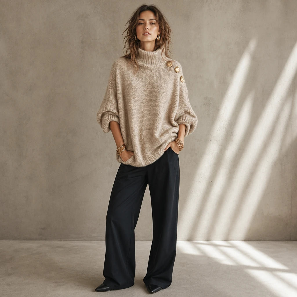 Aurelle – Gold Button Shoulder Knit Turtleneck Sweater