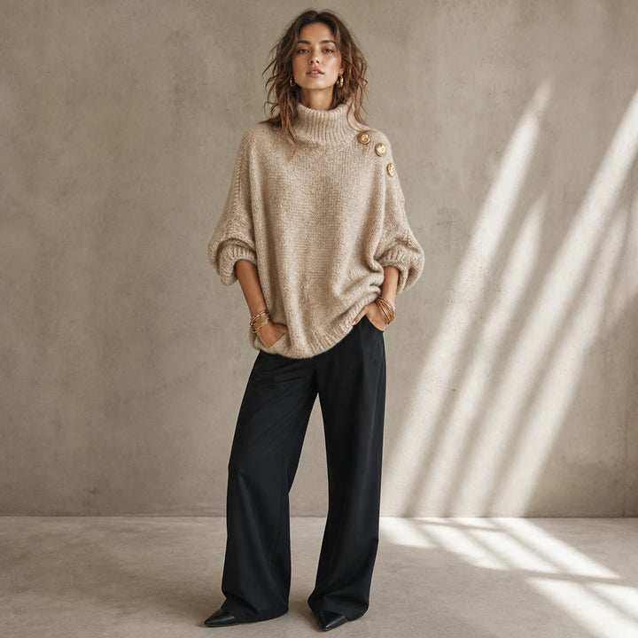 Aurelle – Gold Button Shoulder Knit Turtleneck Sweater