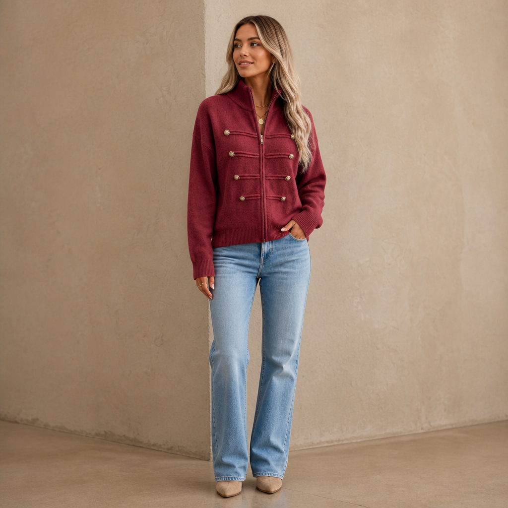 Mayfield – Gold Button Military-Style Knit Cardigan