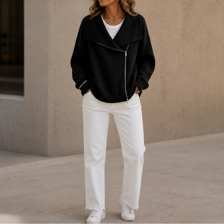 Wearbella – Diagonal Zip Oversized Collar Ribbed Knit Jacket