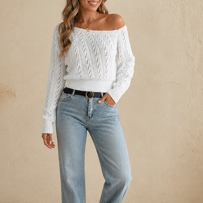 Wearbella – Cropped Off-The-Shoulder Knit Sweater