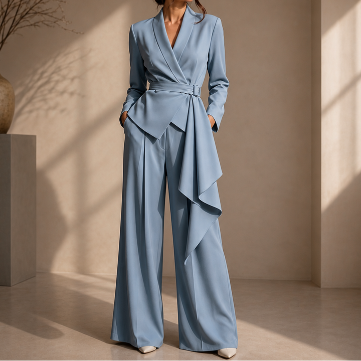 Drapevera – Buckle-Belted Wrap Blazer And Wide-Leg Trouser Set