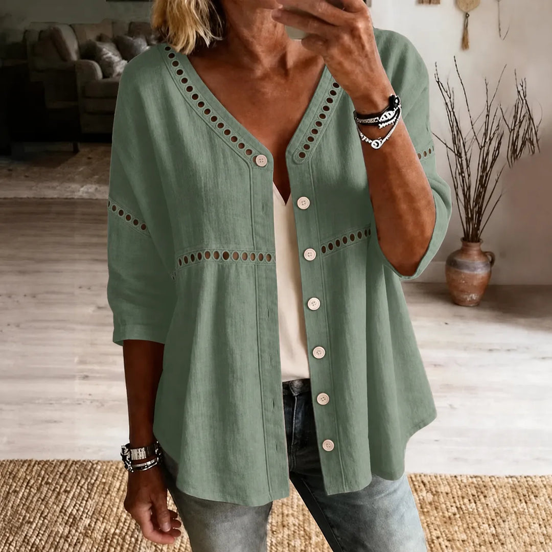 Loralee – Women's Lace Look-Trim Button-Up Blouse with Soft V-Neck Drape