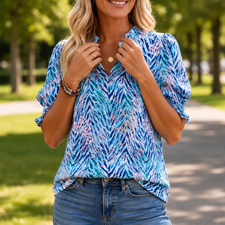 Elowen – Women's V-Neck Puff Sleeve Blouse with Smocked Cuffs, Flowy Floral Top