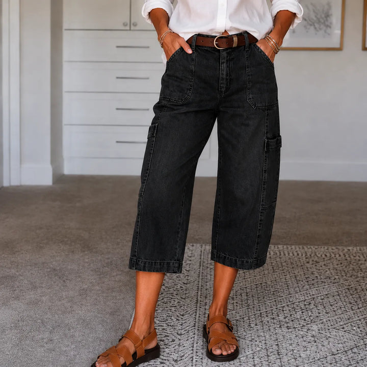 Mayfield – Cropped Barrel Denim look Capris with Cargo Pockets, Stretch Fit