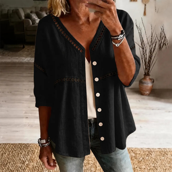 Loralee – Women's Lace Look-Trim Button-Up Blouse with Soft V-Neck Drape