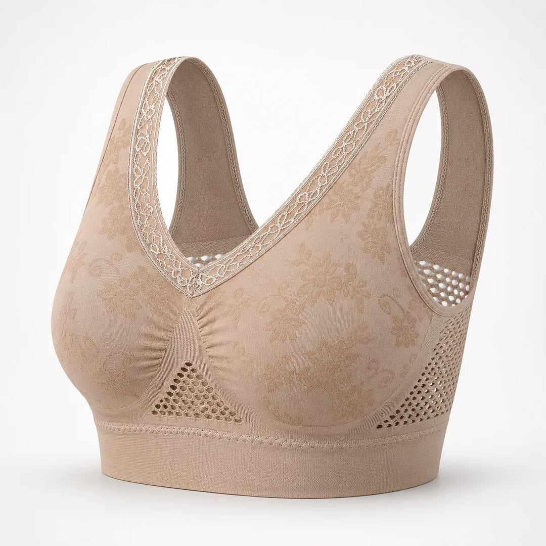 Aluvelle – Wireless Lift Bra with Breathable Mesh & Lace V-Neck