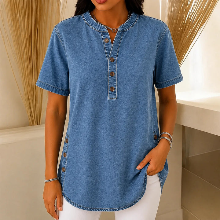 Avelyn – Henley Denim Tunic Top with Side Buttons for Women