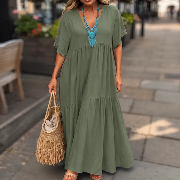 Vellira – Plus Size V-Neck Tiered Midi Dress