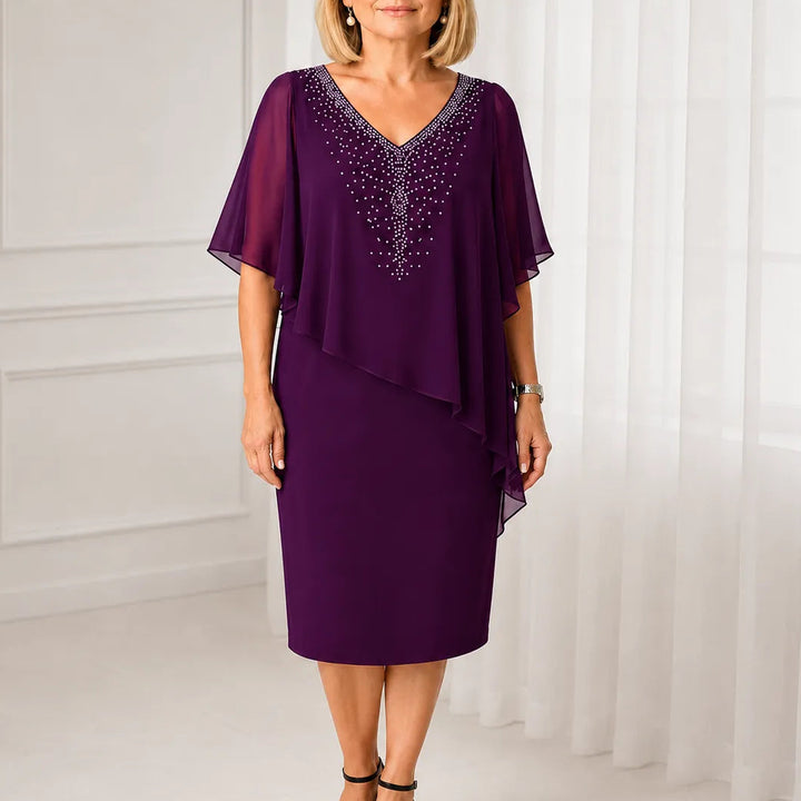Velora – Rhinestone Look V-Neck Chiffon Like Cape Midi Dress