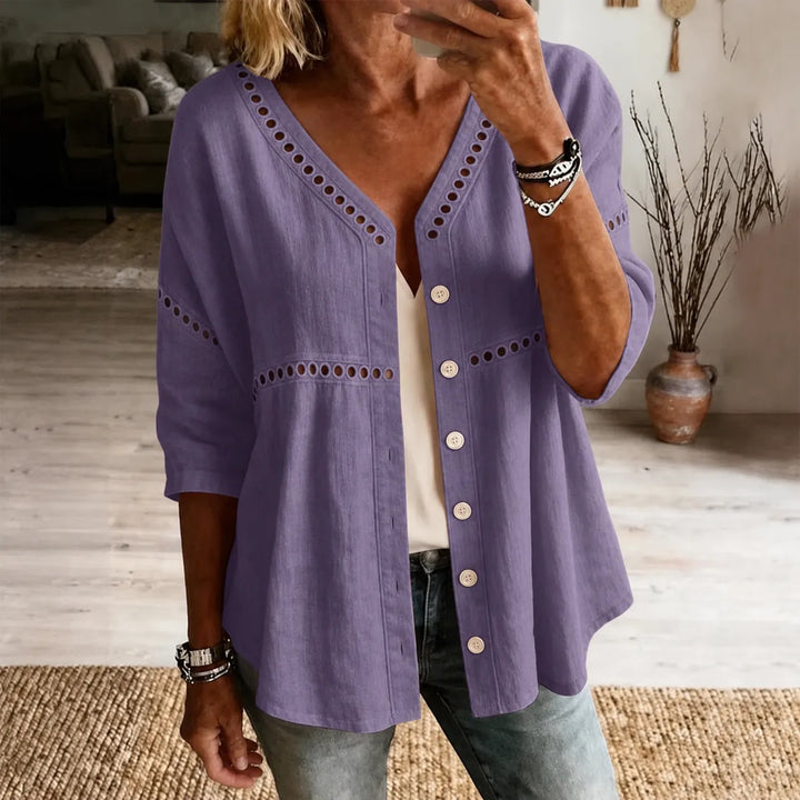 Loralee – Women's Lace Look-Trim Button-Up Blouse with Soft V-Neck Drape