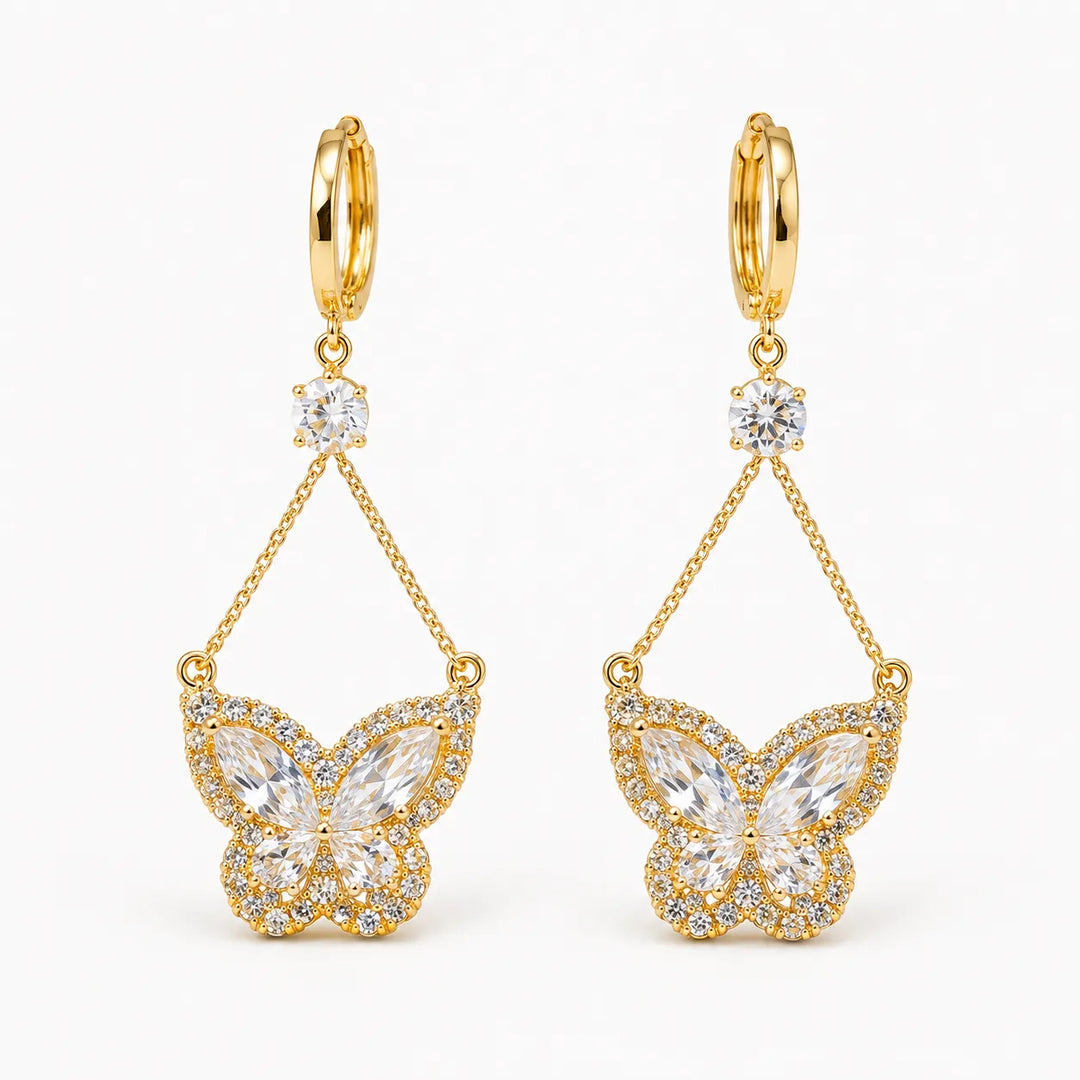 Papillore – Sparkling butterfly drop earrings, gold-plated cubic zirconia, delicate everyday elegance