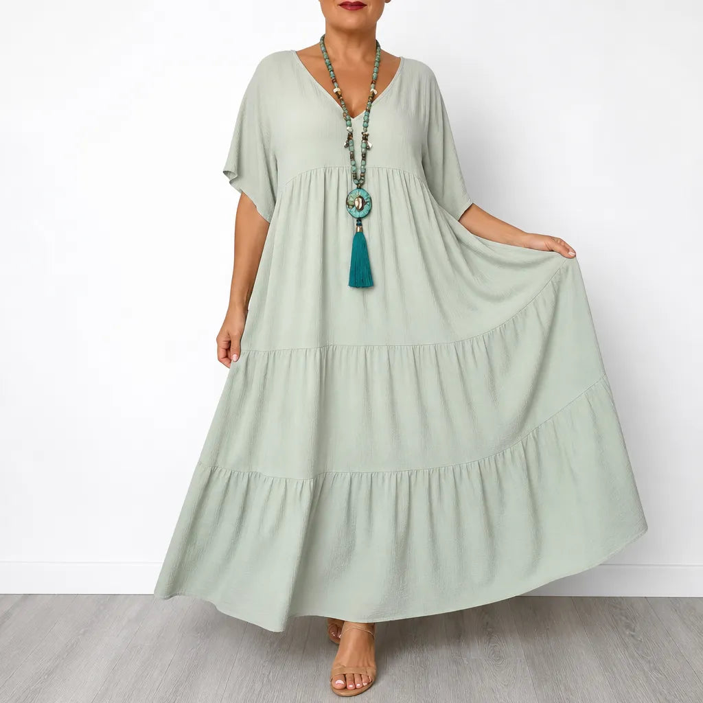 Vellira – Plus Size V-Neck Tiered Midi Dress