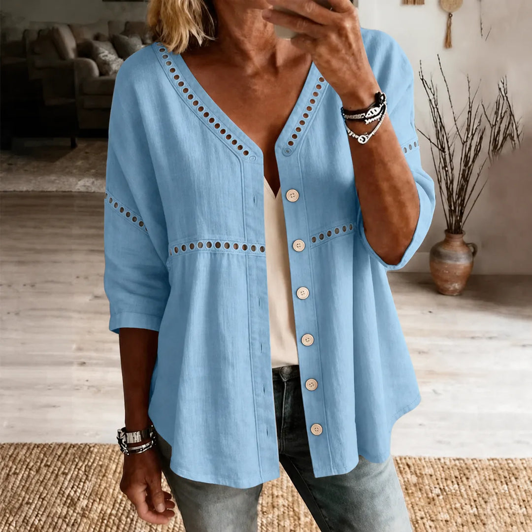 Loralee – Women's Lace Look-Trim Button-Up Blouse with Soft V-Neck Drape