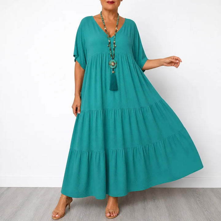 Vellira – Plus Size V-Neck Tiered Midi Dress