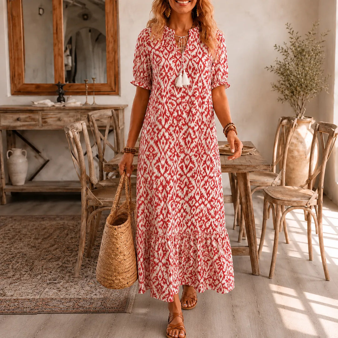 Solara – Ikat Print Boho Maxi Dress with Tassel V-Neck