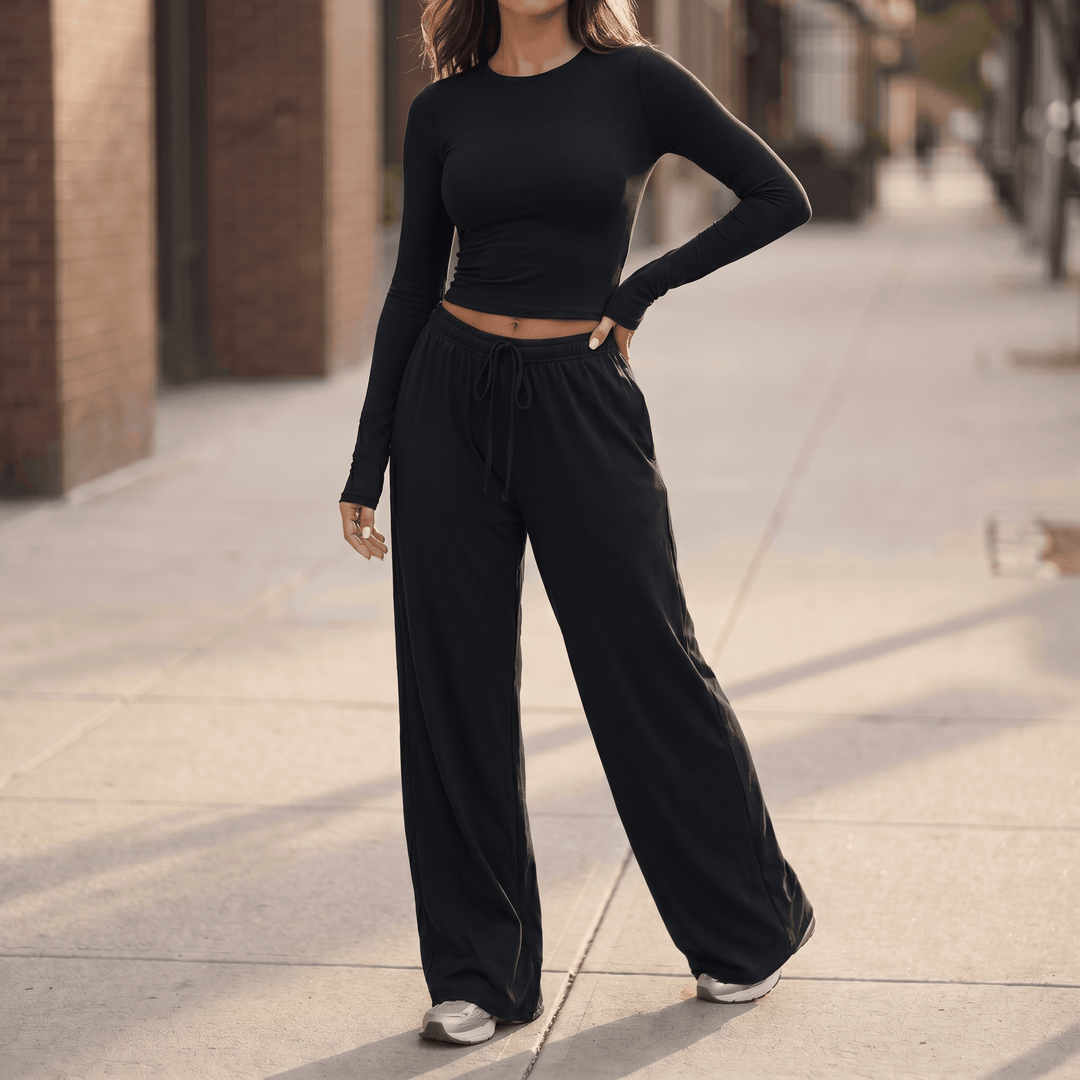 Velaire – Soft Crop Top and Wide Leg Pants Set Black /