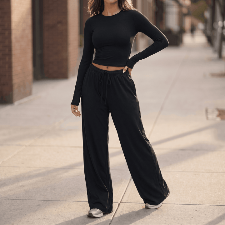 Velaire – Soft Crop Top and Wide Leg Pants Set Black /