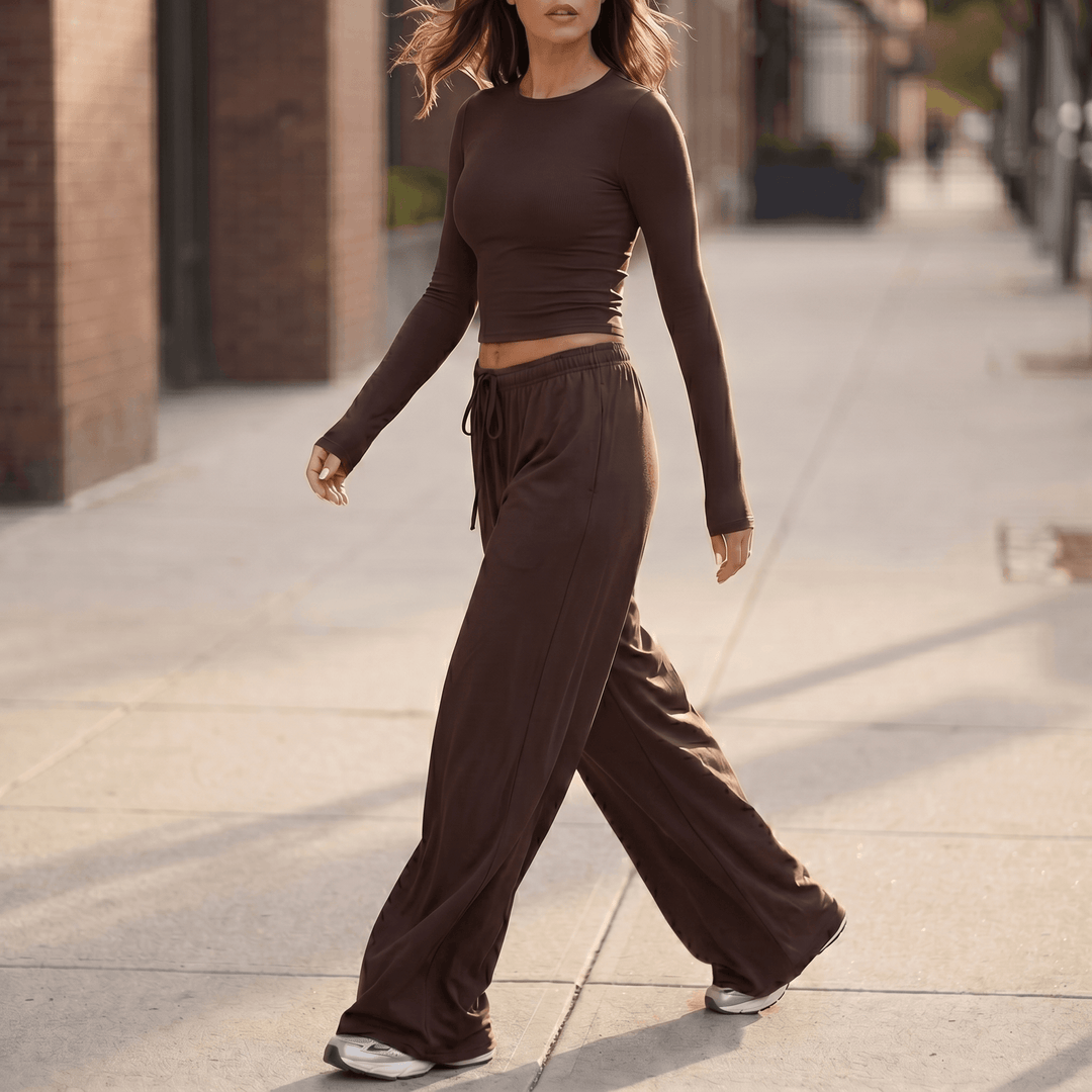 Velaire – Soft Crop Top and Wide Leg Pants Set Brown /