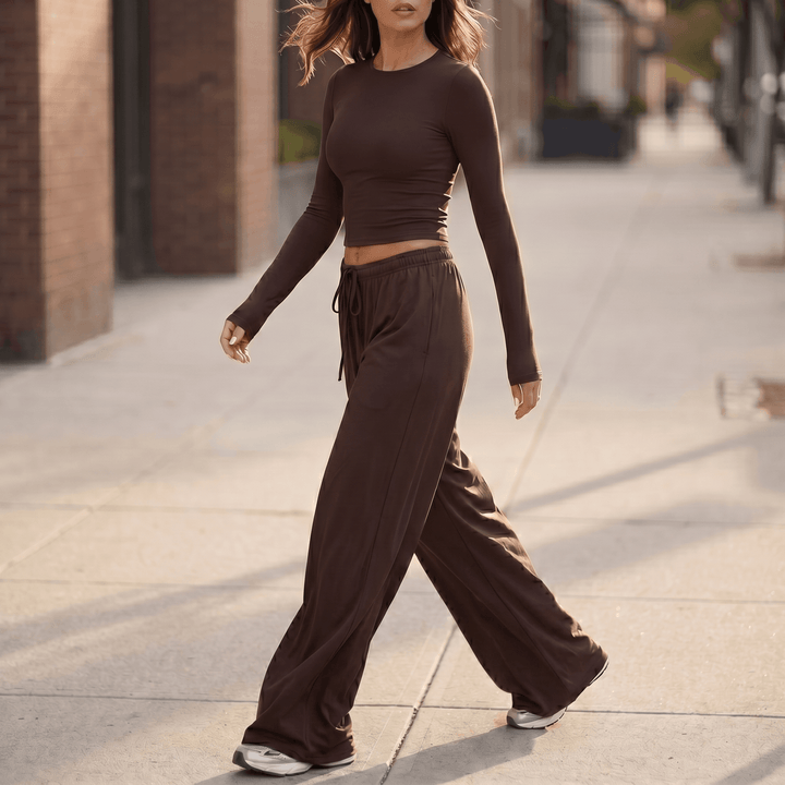 Velaire – Soft Crop Top and Wide Leg Pants Set Brown /