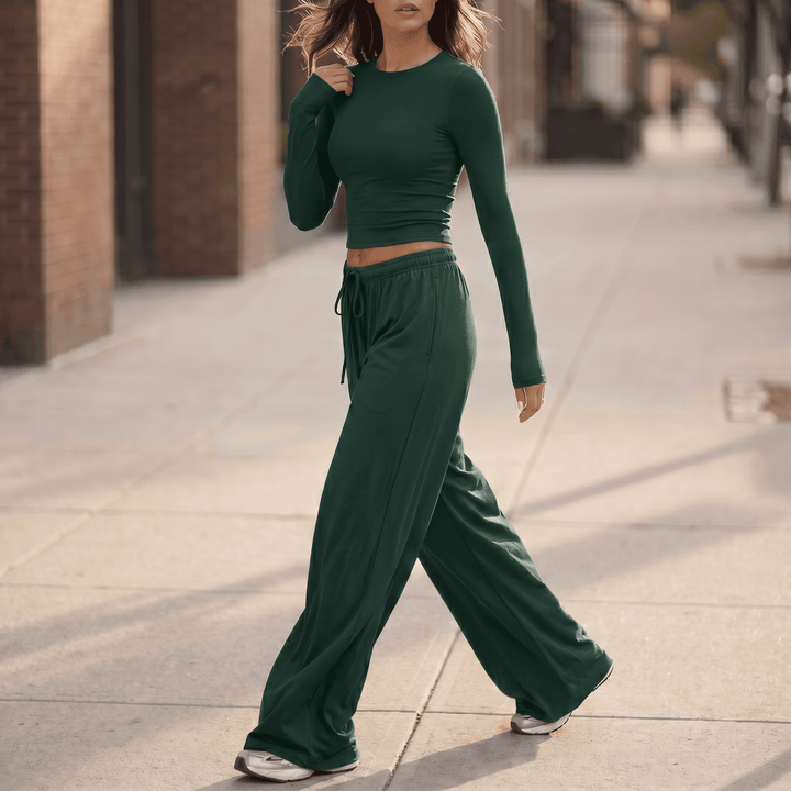 Velaire – Soft Crop Top and Wide Leg Pants Set Green /