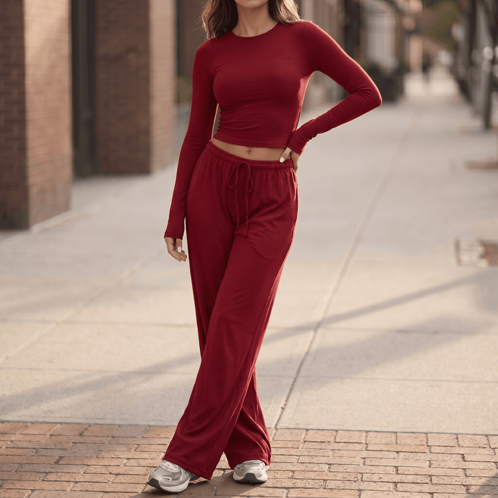 Velaire – Soft Crop Top and Wide Leg Pants Set Red /