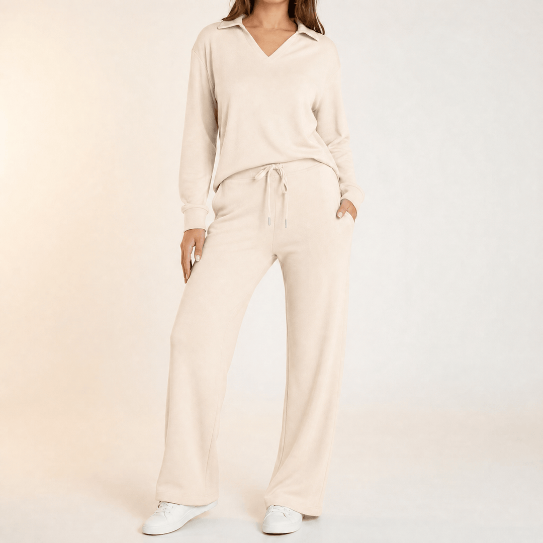 Velaire – V Neck Blouse and Wide Leg Pants Set Beige / S