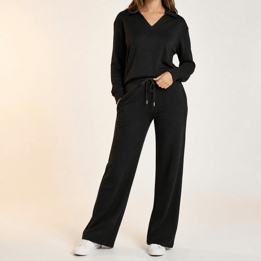 Velaire – V Neck Blouse and Wide Leg Pants Set Black / S