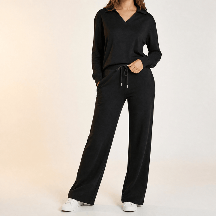 Velaire – V Neck Blouse and Wide Leg Pants Set Black / S