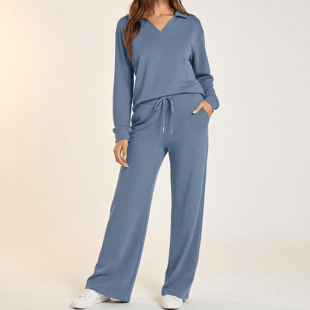 Velaire – V Neck Blouse and Wide Leg Pants Set Blue / S