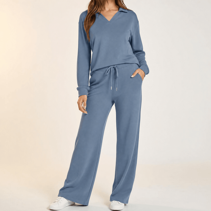 Velaire – V Neck Blouse and Wide Leg Pants Set Blue / S